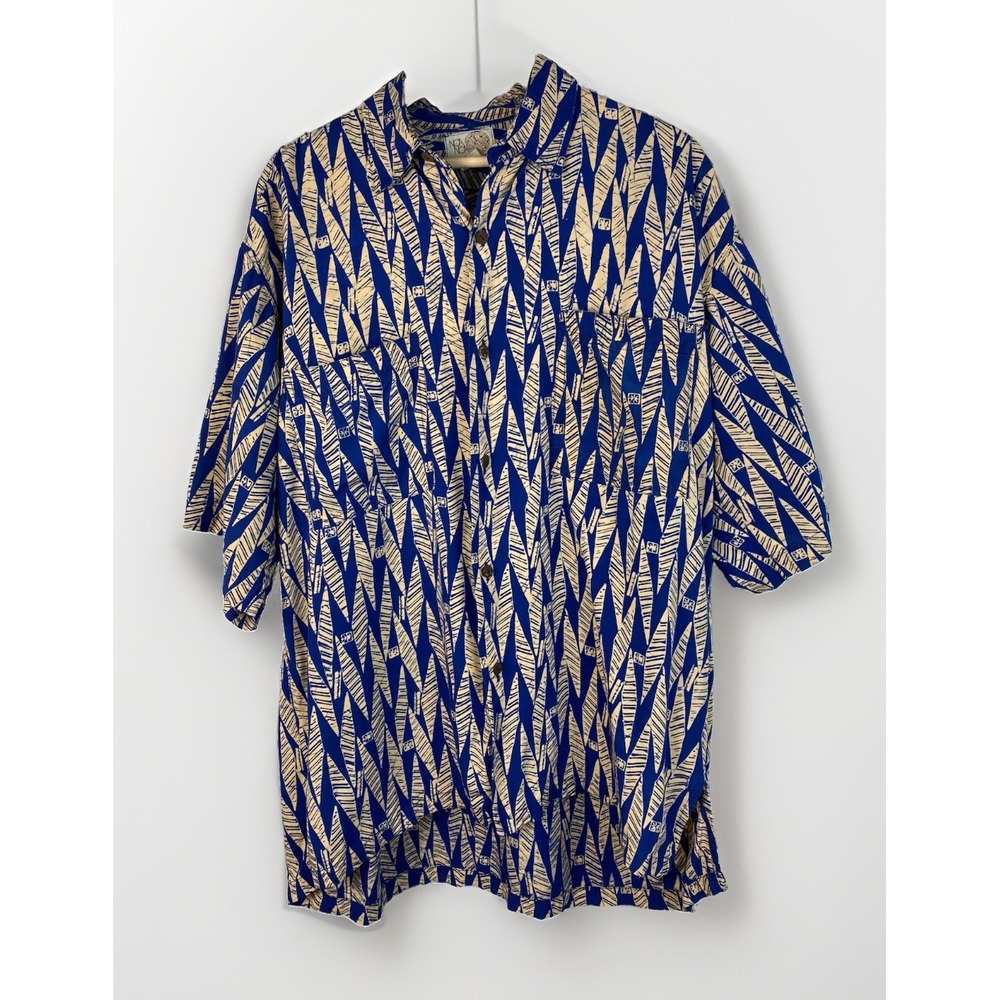 Noa Noa Men's L Blue Short Sleeve Rayon Button Up Shirt Handmade Indonesia